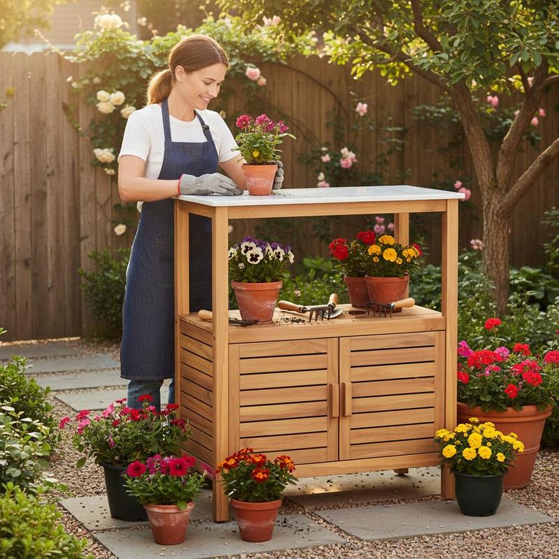 Workbench Woodworking - Outdoor-Pflanztisch aus Akazienholz, Garten-Pflanzbank mit Lamellentüren