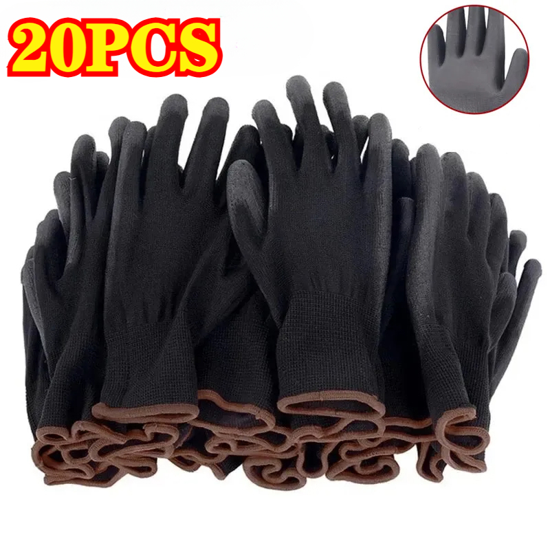 Woodworking Gloves - 20 Stück schwarze PU-beschichtete Handschuhe, Nylon-Polyurethan-Handschuhe,
