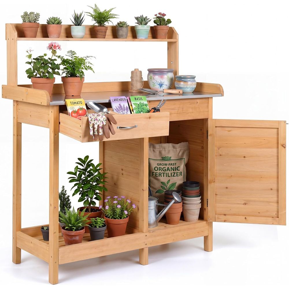 Workbench Woodworking - Outdoor-Pflanztisch aus Holz mit Aufbewahrungsschrank, offenen