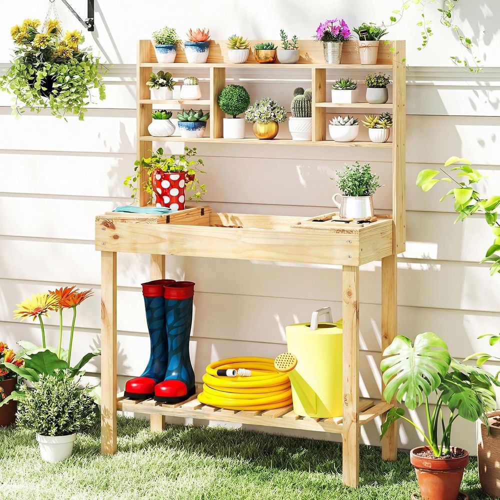 Workbench Woodworking - Pflanzbanktisch, 60-Zoll-Gartenarbeitsbank aus Holz mit Stauraum,